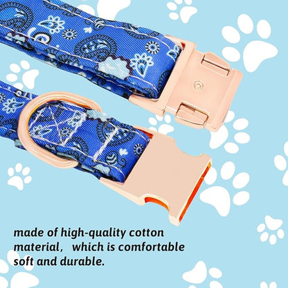 Dog Collar and Leash Set Girls Adjustable Puppy Collars with Floral Bow Tie for Small Medium Large Female Dogs, BluePaisley, L