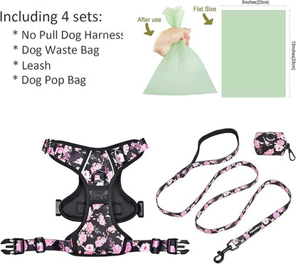 Petmolico No Pull Dog Harness Set with Leash Attachment Easy Control Handle Reflective Harness Vest Small Breed, Puppy Vest and Leash Set with Poop Bag Holder, Small - Pink Rose