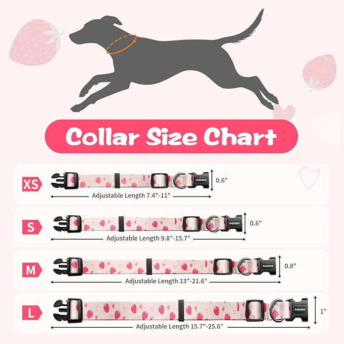 Kazazoo Dog Collar Cute and Soft Nylon Puppy Collar Girl, Adjustable Dog Collars for Medium Large Dogs, Strawberry-L
