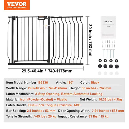 VEVOR 29.5-46.4" Extra Wide Safety Gate for Stairs, Auto Close Dog Gate for The House, Easy Install Pressure Mounted Pet Gates for Doorways, Easy Walk Thru Wide Safety Gate for Dog, Black