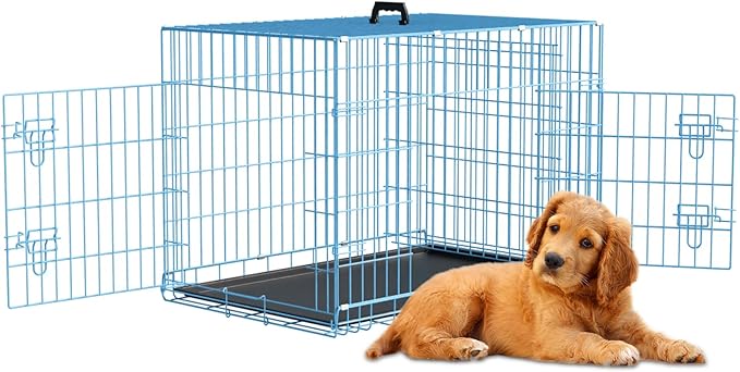 Dog Crates for Small Dogs 30" Folding Mental Wire Crates Dog Kennels Outdoor and Indoor Pet Dog Cage Crate with Double-Door,Divider Panel, Removable Tray,Blue