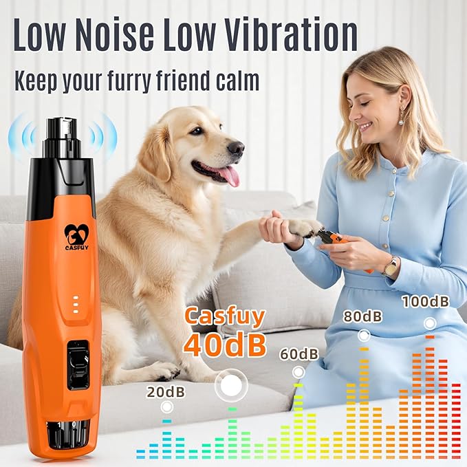 Casfuy New 6-Speed Dog Nail Grinder - 50% More Power Dog Nail Trimmers with 2 LED Lights Quiet 7h Running Time Electric Pet Nail Grinder File Toenail Grinder for Large Medium Small Dogs & Cats (OR)