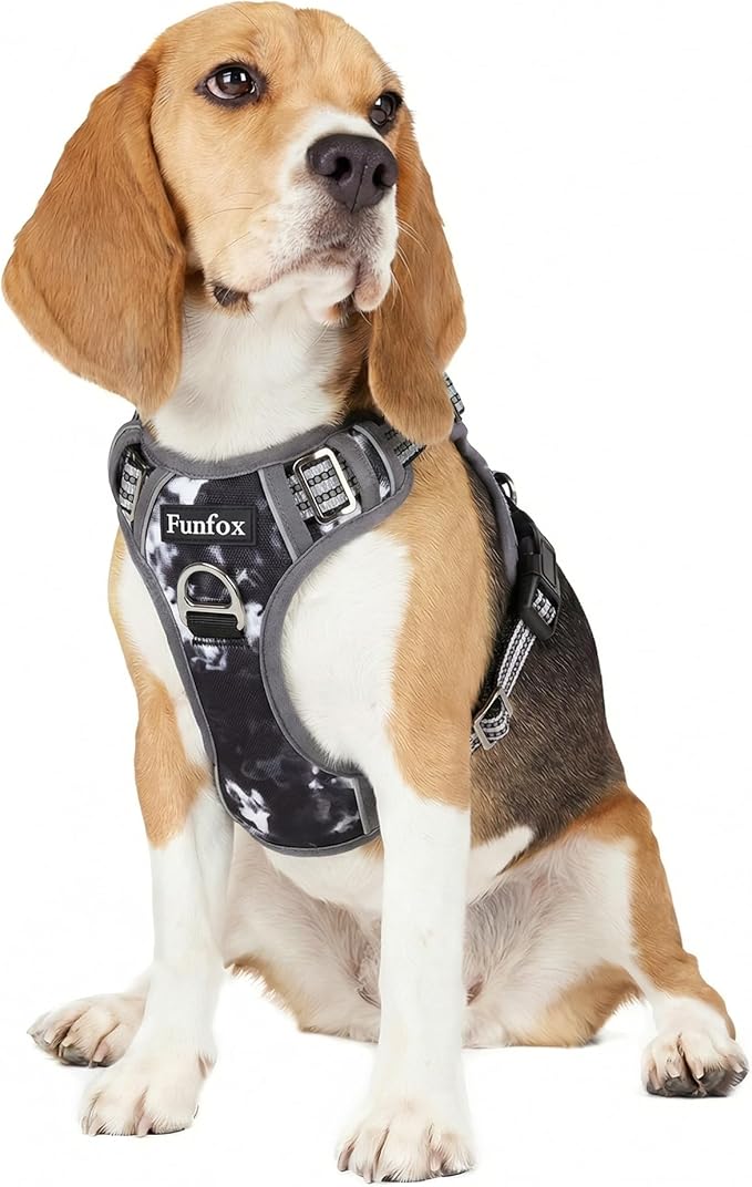 Funfox Dog Harness No Pull, Adjustable Pet Vest Harness, Super Soft Material with Vertical Handle Easy Control, Reflective Night Walking, 2 Leash Clips for Medium Sized Dogs, Misty Gray, M