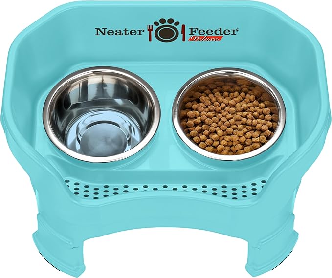 Neater Feeder Deluxe Mess-Proof Elevated Dog Bowls for Medium Dogs (19–40 lbs), 2 Height Adjustable (10” & 12.5”) No-Spill Raised Dog Bowl Stand, Stainless Steel Food Bowl Set, Made in USA, Aquamarine