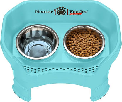 Neater Feeder Deluxe Mess-Proof Elevated Dog Bowls for Medium Dogs (19–40 lbs), 2 Height Adjustable (10” & 12.5”) No-Spill Raised Dog Bowl Stand, Stainless Steel Food Bowl Set, Made in USA, Aquamarine