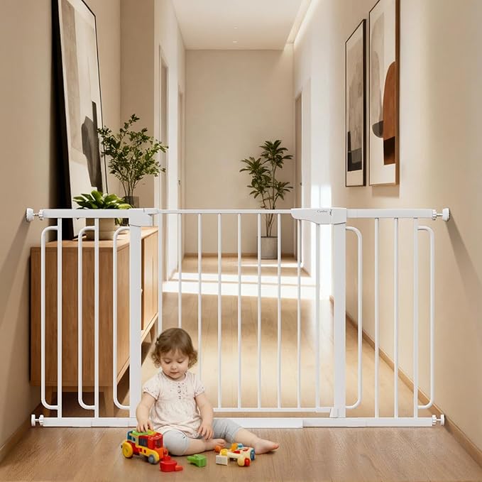 Cumbor Extra Wide Baby & Pet Gate Set, 29.7-48" & 36.6-59" Gates with Dual-Lock, Auto-Close, One-Hand Operation for Stairs, Hallways & Doorways