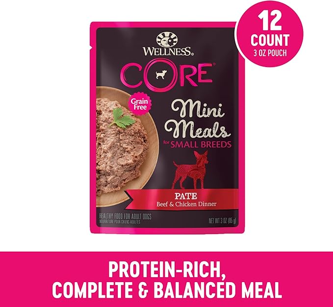 Wellness CORE Small Breed Mini Meals Pate Adult Wet Dog Food, Grain Free, Natural, Beef and Chicken Dinner Recipe, 3 oz, Pack of 12 Pouches
