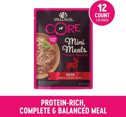 Wellness CORE Small Breed Mini Meals Pate Adult Wet Dog Food, Grain Free, Natural, Beef and Chicken Dinner Recipe, 3 oz, Pack of 12 Pouches