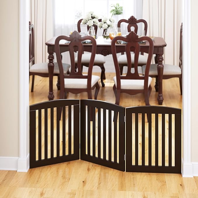 PAWLAND Wooden Freestanding Foldable Pet Gate for Dogs, 24 inch 3 Panels Step Over Fence, Dog Gate for The House, Doorway, Stairs, Extra Wide (Espresso, 24" Height-3 Panels)