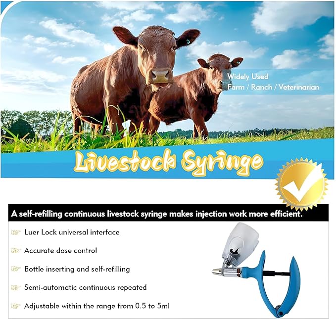 Livestock Syringe Gun Injector, Bottle Adjustable Poultry Continuous Syringes, Reusable Veterinary Precision injection Gun(E,10ML)