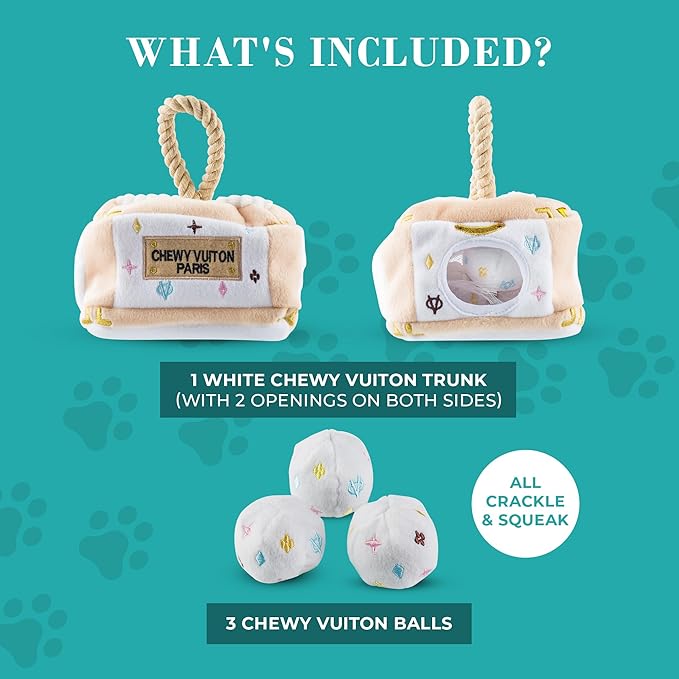 Haute Diggity Dog Chewy Vuiton Trunk Puzzle with 3 Plush Squeaky Dog Toys, Soft Durable Designer-Inspired Stuffed Puppy Chew Toys for Small & Medium Dogs, Machine-Washable (White) One Size