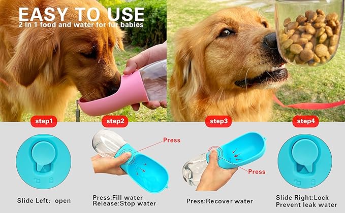 Dog Water Bottle with Food Container, Portable Leak Proof Pet Water Dispenser for Walking Hiking Travel, Puppy Essentials Accessories for Small Large Dogs, Dog Gifts (10oz/15oz/19oz)