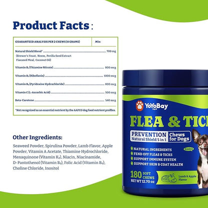Flea & Tick Prevention for Dogs Chewables, YoYoBay Natural Dog Fleas and Ticks Control Supplement, Dogs Supplement, Natural Shield 5-in-1 Protection, Lamb & Apple Flavor, 180 Soft Chews