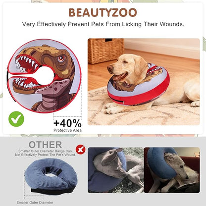 BEAUTYZOO Dog Cone Alternative After Surgery for Large Medium Small Dogs, Soft Inflatable Cone Collar for Dogs Cats, Pet Neck Donut E Collar Dog Recovery Collars to Stop Licking, Dinosaur, XL