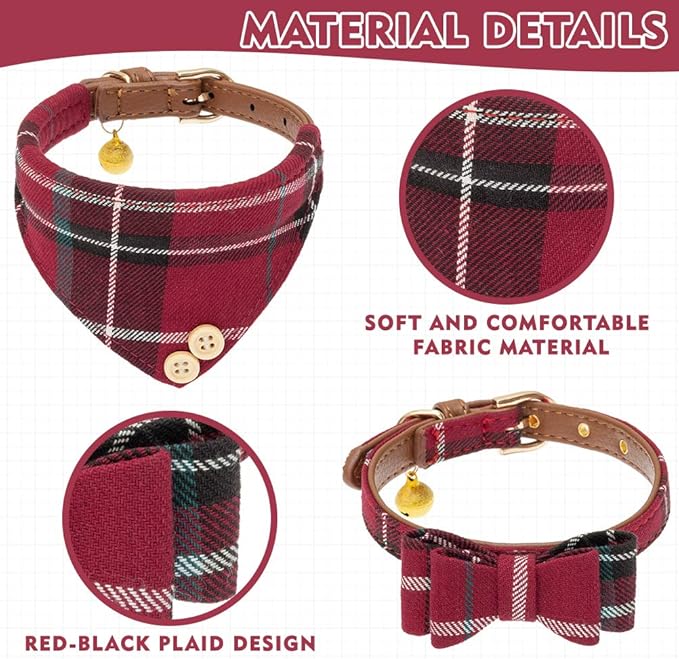 EXPAWLORER Dog Collar and Leash Set - Classic Plaid Dog Bow Tie and Dog Bandana Collar with Bell, Dog Leash Tangle Free, Adjustable Collars for Small Medium Large Dogs Cats, Holiday Ideal Gift