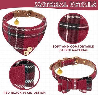 EXPAWLORER Dog Collar and Leash Set - Classic Plaid Dog Bow Tie and Dog Bandana Collar with Bell, Dog Leash Tangle Free, Adjustable Collars for Small Medium Large Dogs Cats, Holiday Ideal Gift