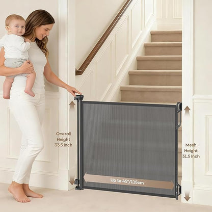 SPACEANY Retractable Safety Baby Gate or Mesh Dog Gate,Durable Portable Mesh Retractable Gate,Easy to Use for Stairs, Doorways, Hallways, Indoor, Outdoor, 33.5" Tall, Up to 45" Wide, Black