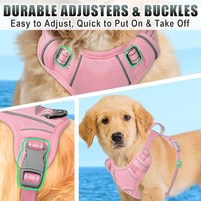 BARKBAY No Pull Dog Harness Large Reflective Dog Harness with Front Clip and Easy Control Handle for Walking Training Running with ID tag Pocket(Baby Pink,S)