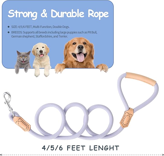 Mile High Life Leather Dog Leash, Heavy Duty Strong Genuine Leather Handle Rope Leash Soft and Comfortable for Small Medium Large Dogs (Purple, 60 Inch)