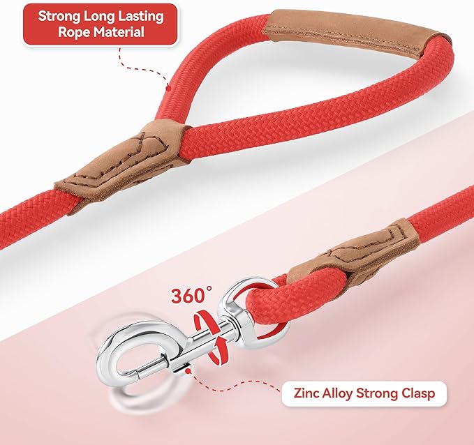 Mile High Life Leather Dog Leash, Heavy Duty Strong Genuine Leather Handle Rope Leash Soft and Comfortable for Small Medium Large Dogs (Red, 60 Inch)