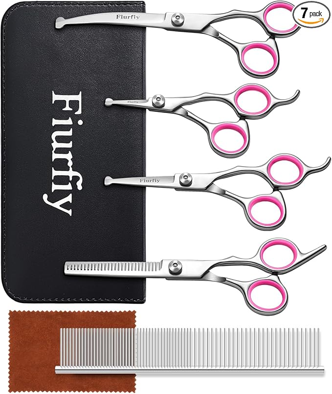 Furry Professional Pet Grooming Scissors with Safety Round Heads - 6 in 1 Curved Scissors for Dogs and Cats