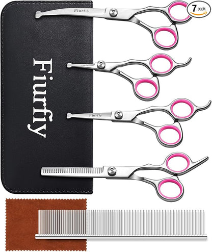 Furry Professional Pet Grooming Scissors with Safety Round Heads - 6 in 1 Curved Scissors for Dogs and Cats