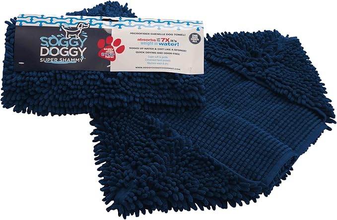 Soggy Doggy Super Shammy Dog Towel – Absorbent Microfiber Chenille Pet Towel for Drying Wet Dogs, Muddy Paws, Quick Dry Dog Shammy with Hand Pockets, Machine Washable – Navy Blue, 31” x 14”