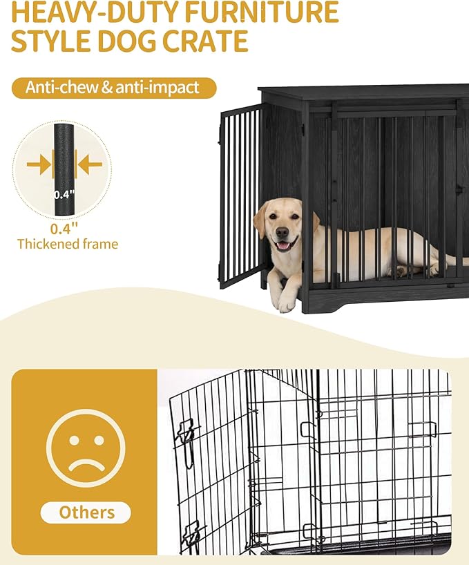 Hzuaneri 43.3" Dog Crate Furniture with Barn Door, Heavy Duty Dog Kennel Indoor with 2 Doors, Wooden Pet Cage End Table for Large Small Medium Dogs, Anti-Chew Anti-Escape, Black DFC92304B