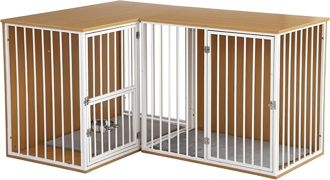 Dog Crate Furniture for 2 Dogs, Corner Heavy Duty Double Dog Kennel Furniture with Divider, Indoor Wooden Dogs Crate Large Breed (White)