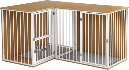 Dog Crate Furniture for 2 Dogs, Corner Heavy Duty Double Dog Kennel Furniture with Divider, Indoor Wooden Dogs Crate Large Breed (White)