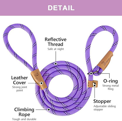 Heavy Duty Rope Dog Leash, No Pull Training Lead with Reflective Thread, Strong Comfortable Loop - Purple Stripe, Large(1/2")