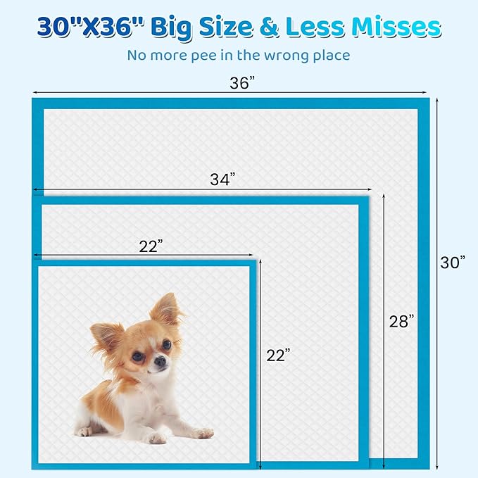Upgrade Leak-Proof Pet Training and Puppy Pads, Jumbo Pee Pads for Dogs with Thicken Polymer Heavy Absorbency, Quick Dry Disposable Pee Pads for Cats Dogs (100, Regular 30''x36'')
