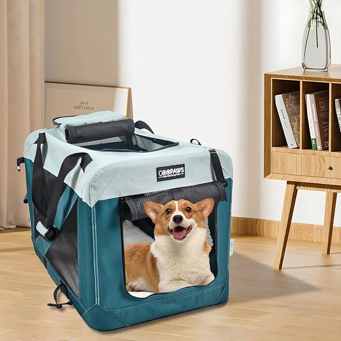JESPET Soft Dog Crates Kennel for Pets, 3 Door Soft Sided Folding Travel Pet Carrier with Straps and Fleece Mat for Dogs, Cats (8-Teal Blue, Large(30" L x 21" W x 23" H))
