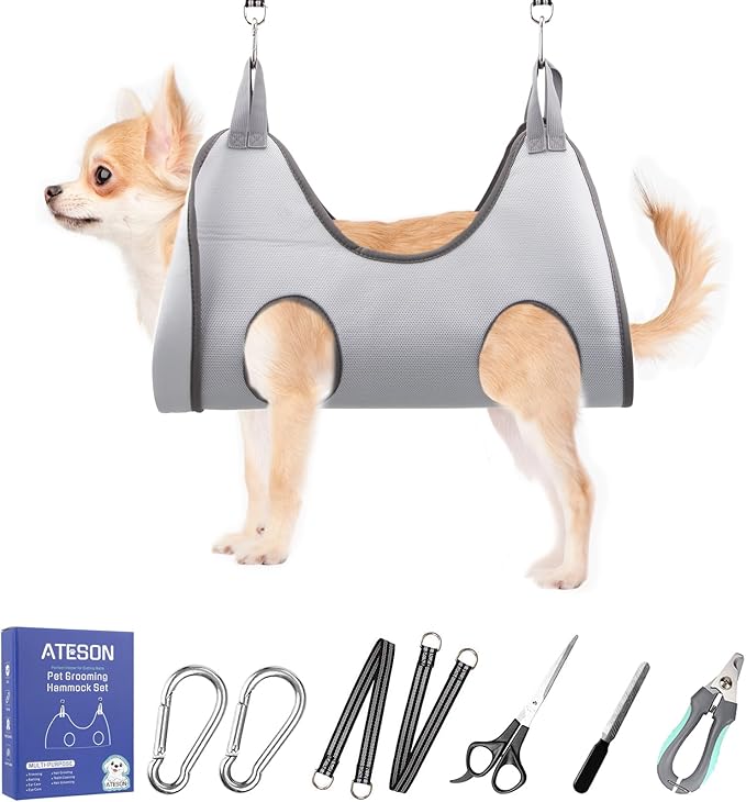ATESON Pet Dog Grooming Hammock Harness for Medium Dogs Nail Trimming, Dog Sling for Cutting Nails, Dog Hanging Holder Hanger with Nail Clippers, Nail File, Scissors