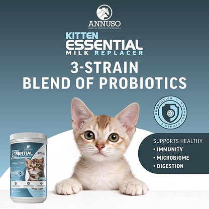 ANNUSO Kitten Essential Milk Replacer, 12oz - 33% Protein & 18% Fat - Complete Nutrition with Probiotics and Key Nutrients, Supports Immunity & Digestion - Easy-Mix Powder