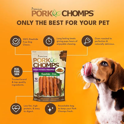 Pork Chomps Baked Pork Skin Dog Chews, 5 Inch Mini Twists, 12 Count - Sweet Potato Wrap - Long-Lasting Treats for Dogs - High Protein, Rawhide-Free, Low Fat, Healthy & Delicious Chews