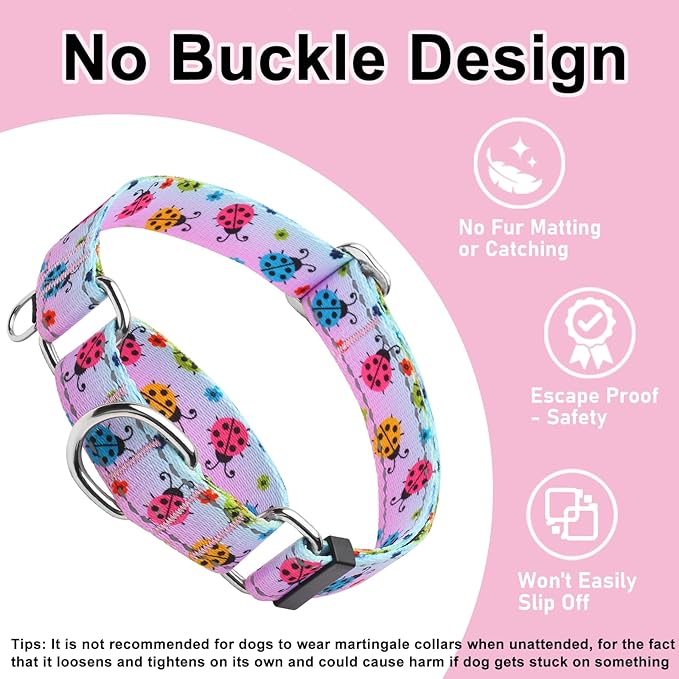 Reflective Martingale Collar for Dogs Nylon Training Collar with No Buckle, No Pull Adjustable Dog Collar for Large Dogs（Gradient Ladybug，L）
