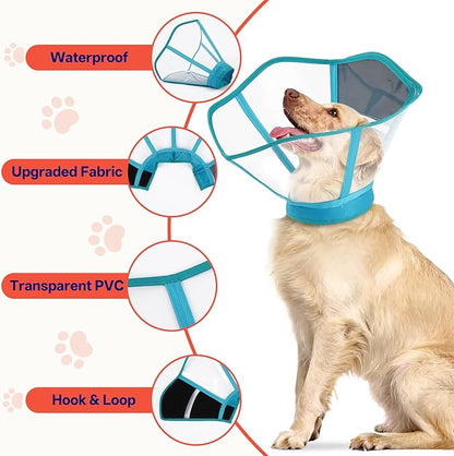 Foldable Dog Cone Collar - Adjustable Comfort Elizabethan Recovery Collar, Transparent Waterproof E-Collar for Dogs After Surgery to Stop Licking Scratching, Blue, M