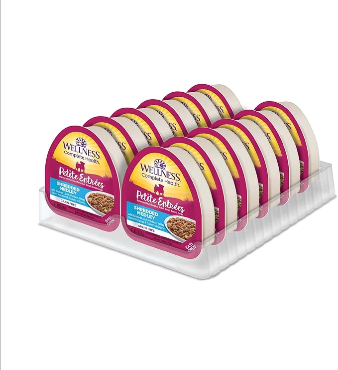 Wellness Petite Entrees Shredded Medley Small Breed Adult Wet Dog Food, Grain Free, Natural, Braised Lamb, Venison, White Sweet Potato, and Carrots, 3 oz, Pack of 12 Cups