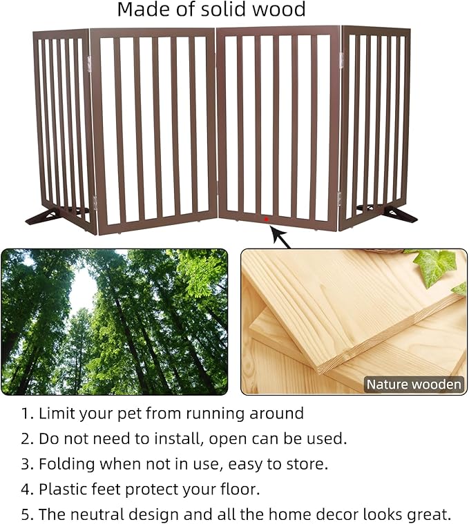 ZJSF Freestanding Indoor Dog Gate for House Foldable Wood Puppy Gate for Doorways Pet Gate for Stairs Extra Wide Pet Fence, Brown, 32" Height 4 Panels