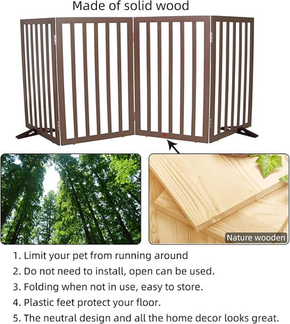 ZJSF Freestanding Indoor Dog Gate for House Foldable Wood Puppy Gate for Doorways Pet Gate for Stairs Extra Wide Pet Fence, Brown, 32" Height 4 Panels