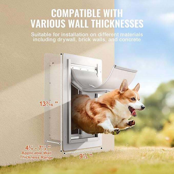 VEVOR 3-Flap Pet Door for Wall, Metal Frame with Lock, Energy-Efficient Insulated Pet Door, Easy to Install in Interior or Exterior Walls, Dog Door for Small Dogs (White-Small)