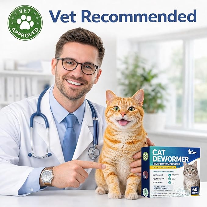 Broad Spectrum Cat Dewormer for Cats and Kittens, Praziquantel & Pyrantel Pamoate Tablet, Removal of Tapeworms, Hookworms & Roundworms & All Wormers Effective and Fast (60 Tablets)
