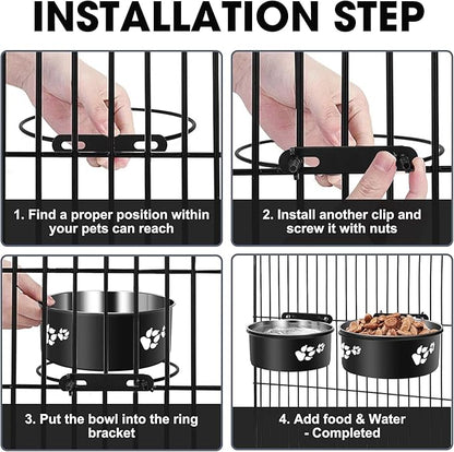 Kennel Water Bowl Hanging, ShineMe 2 Pack Stainless Steel Food and Water Bowl for Dog Cage, Crate, Kennel Bowls Mountable for Medium and Small Dogs, Cats, Pets (6.2x2.6” & 5.5x2.4”)