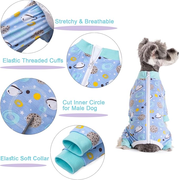 Dog Recovery Suit for Surgery Small Medium Dogs Onesie, Cute Soft Dog Pajamas Bodysuit Cone Alternative Prevent Licking Recovery Suit Female Male (Planet, Small)