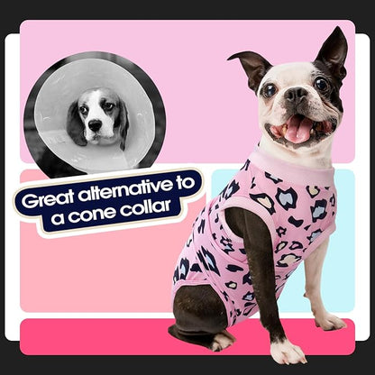 FUAMEY Recovery Suit for Dogs After Surgery,Soft Breathable Dog Bodysuit E-Collar & Cone Alternative Surgical Suit,Male Female Dog Neuter Spay Suits Anti Licking Wounds Onesie Pink Leopard XS