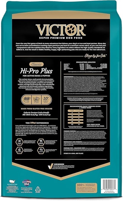 VICTOR Super Premium Dog Food – Hi-Pro Plus Dry Kibble – High Protein Dog Food with 30% Protein – Beef, Chicken, Pork, Fish Meals, Gluten Free - for High Energy and Active Dogs & Puppies, 40lbs