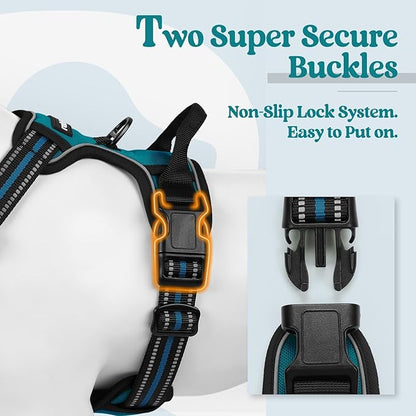 rabbitgoo Dog Harness No Pull with 2 Leash Clips, Adjustable Soft Padded, Reflective Oxford No Choke Pet Vest with Easy Control Handle for Large Dogs, Blue Coral, XL