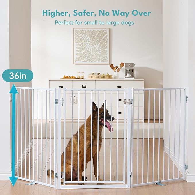 No Pawblems Free Standing Dog Gate with Door, 36'' Tall Foldable Dog Fence for Indoor & Outdoor, Up to 104 Inch Extra Wide Puppy Gate for Stairs, Hallways, Doorways, Deck, Yard (White, 4 Panels)