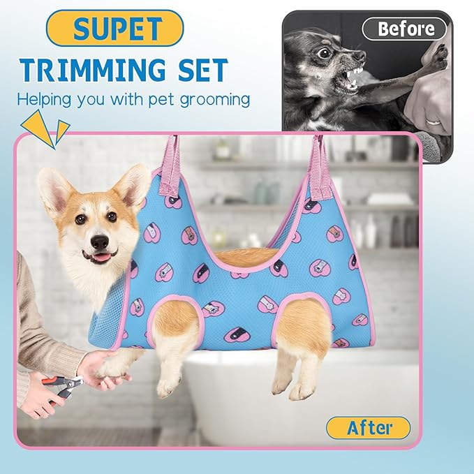 Supet Dog Grooming Hammock Harness for Dogs Cats, Relaxation Pet Nail Clipper Hammock, Restraint Dog & Medium Animal Leashes Sling for Groomingk for Nail Trimming (Blue-Love, M)